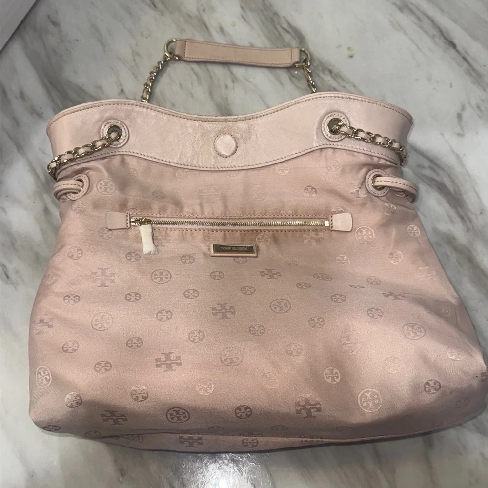 Tory Burch Marion Quilted Leather Slouchy Tote Shoulder Bag Peach Colored